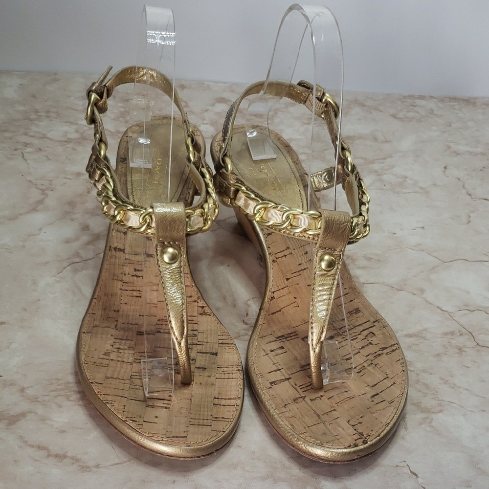 Coach Gold T-Strap Wedge Sandals with Chain Detail Size 10 - Picture 2 of 7